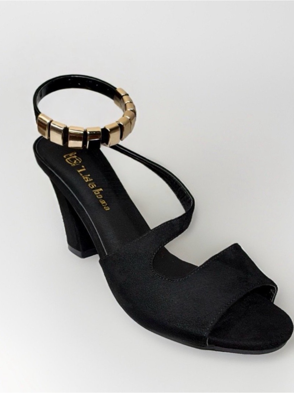 Mary Jane Black Suede Open-Toe Heel with Gold Accent